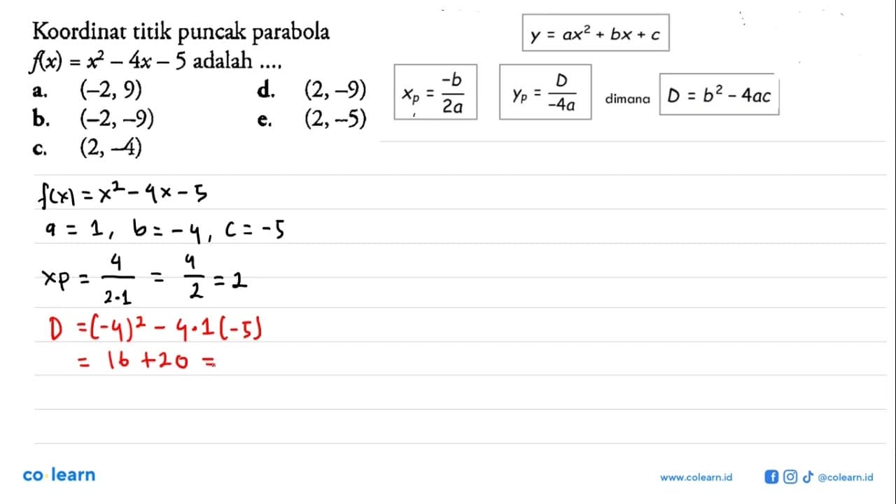 Koordinat titik puncak parabola f(x)=x^2-4x-5 adalah ...