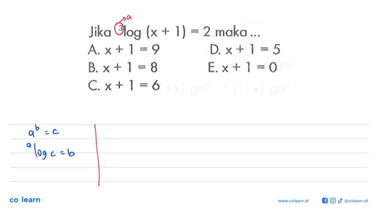 Jika 3log(x+1)=2 maka ...