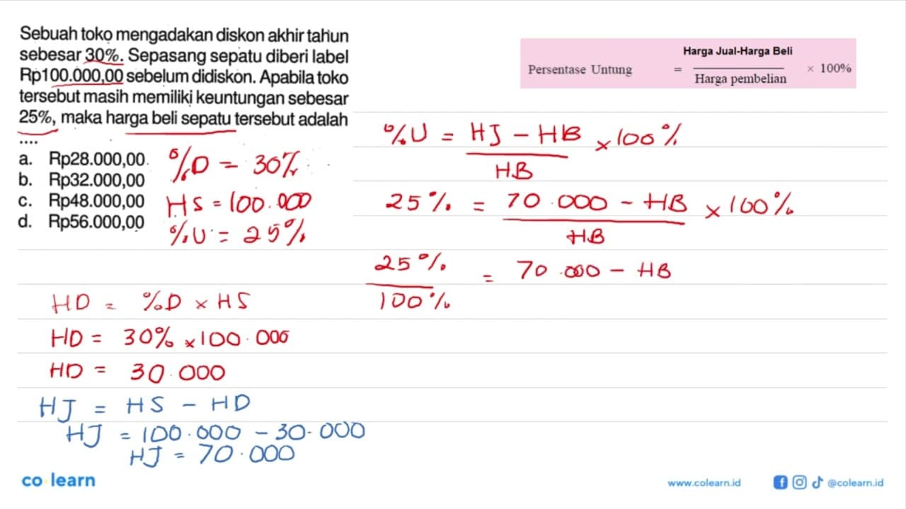 Sebuah toko mengadakan diskon akhir tahiun sebesar 30 %.