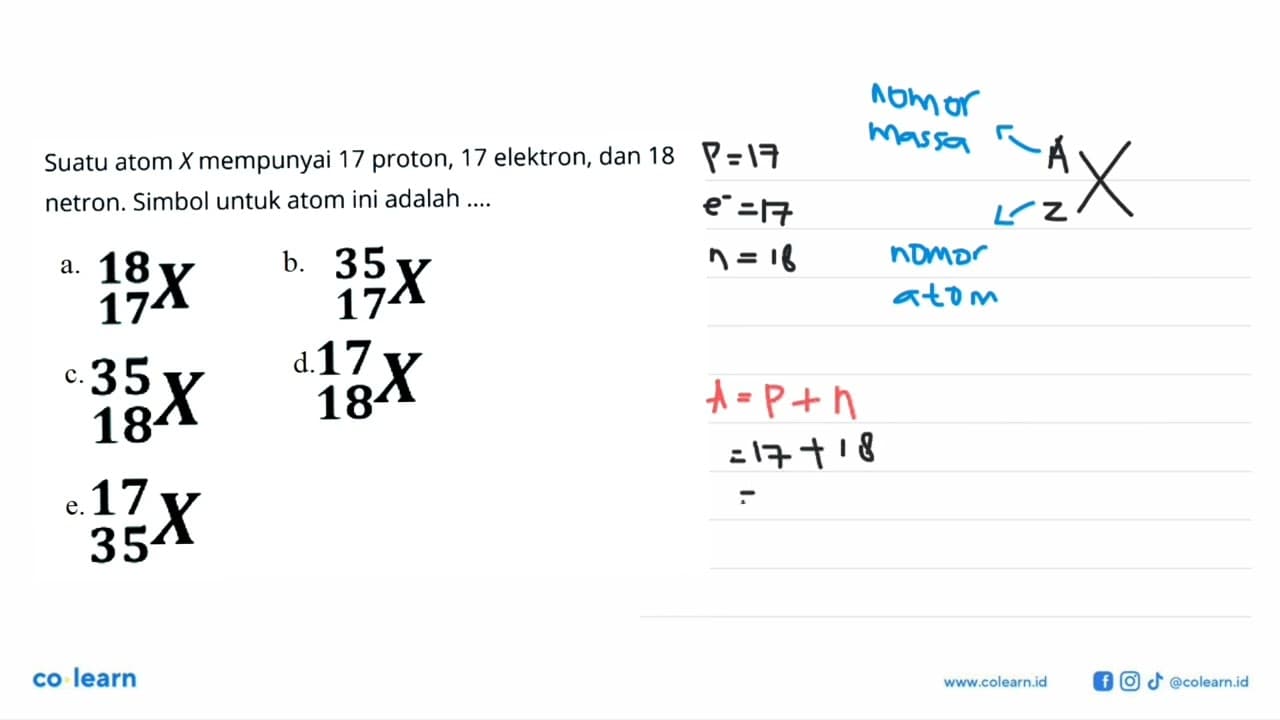 Suatu atom X mempunyai 17 proton, 17 elektron, dan 18