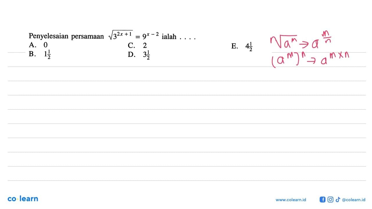 Penyelesaian persamaan akar(3^(2x+1))=9^(x-2) ialah ...