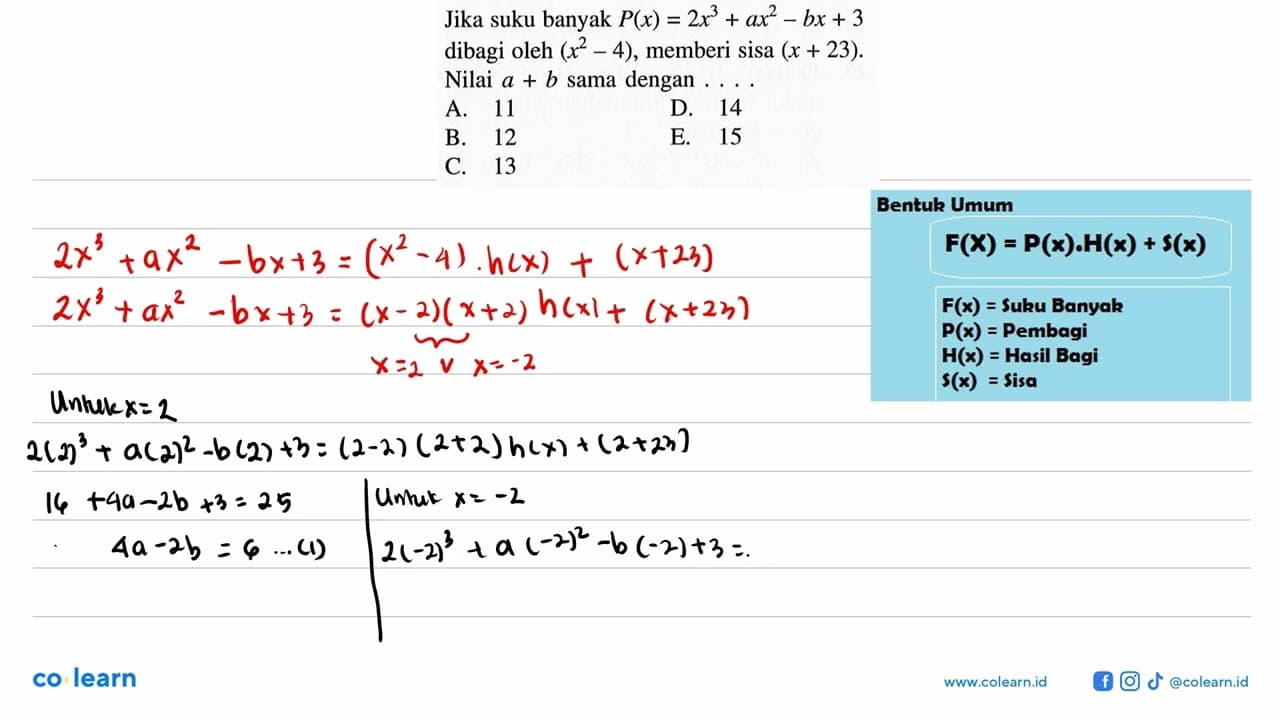 Jika suku banyak P(x)=2x^3+ax^2-bx+3 dibagi oleh (x^2-4),