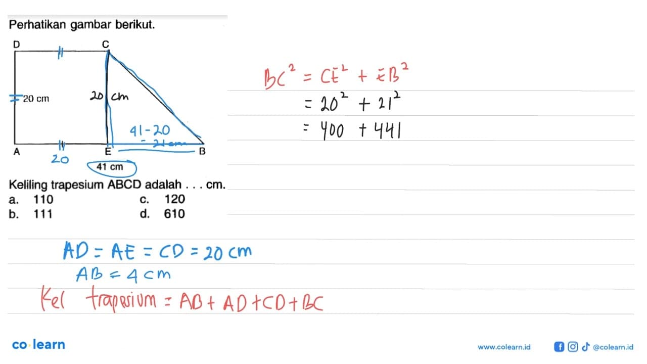 Perhatikan gambar berikut. A B C D E 20 cm 41 cmKeliling