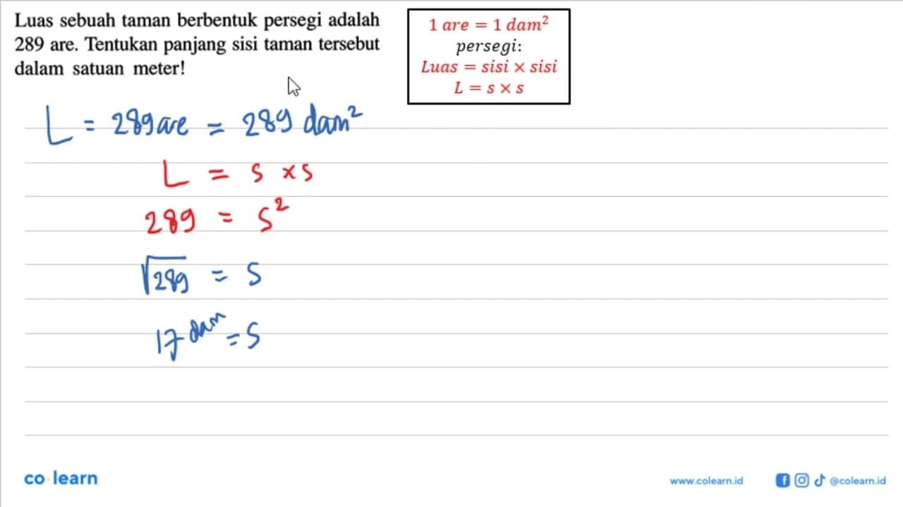 Luas sebuah taman berbentuk persegi adalah 289 are.