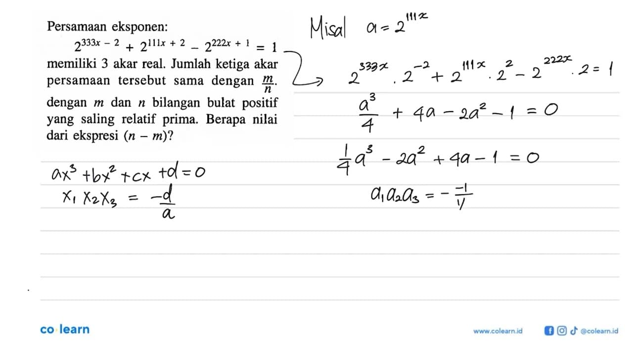 Persamaan eksponen: 2^(333x-2) +2^(111x + 2)- 2^(222x +1) =