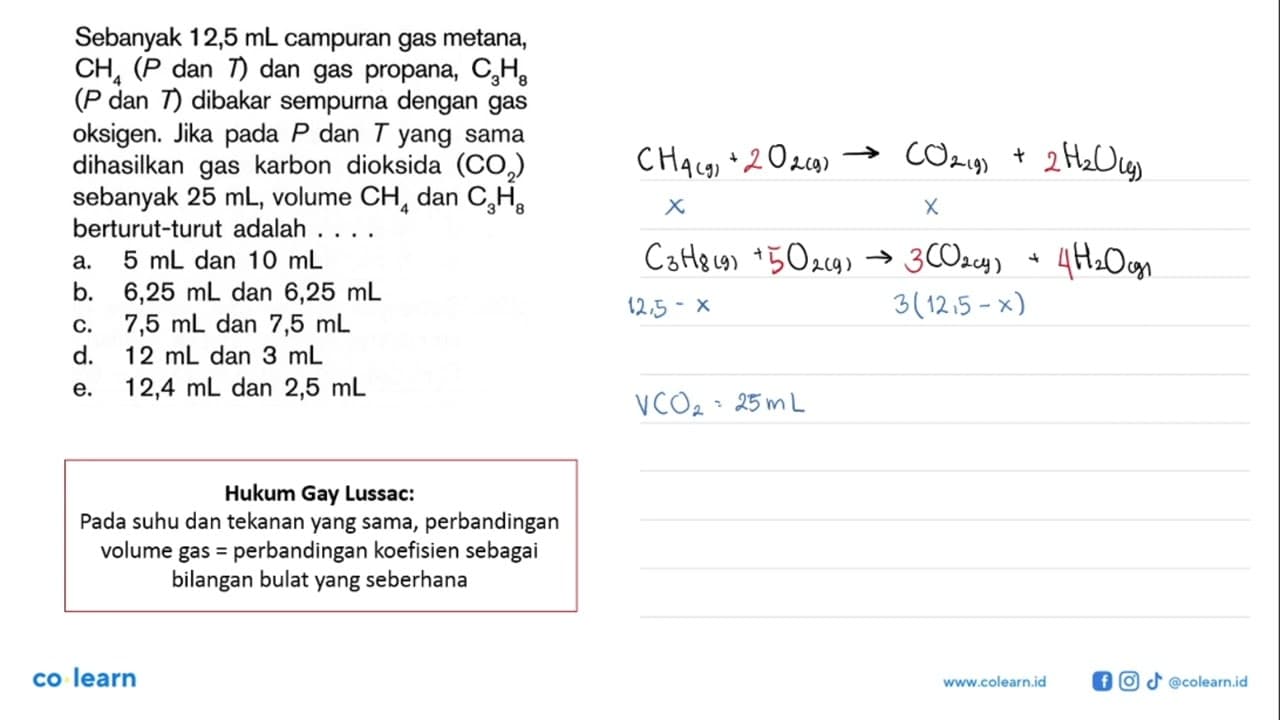 Sebanyak 12,5 mL campuran gas metana; CH4 (P dan T) dan gas