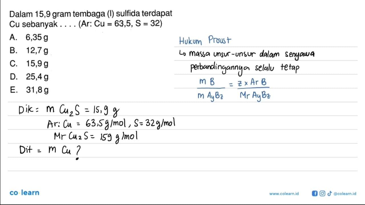 Dalam 15,9 gram tembaga (l) sulfida terdapat Cu