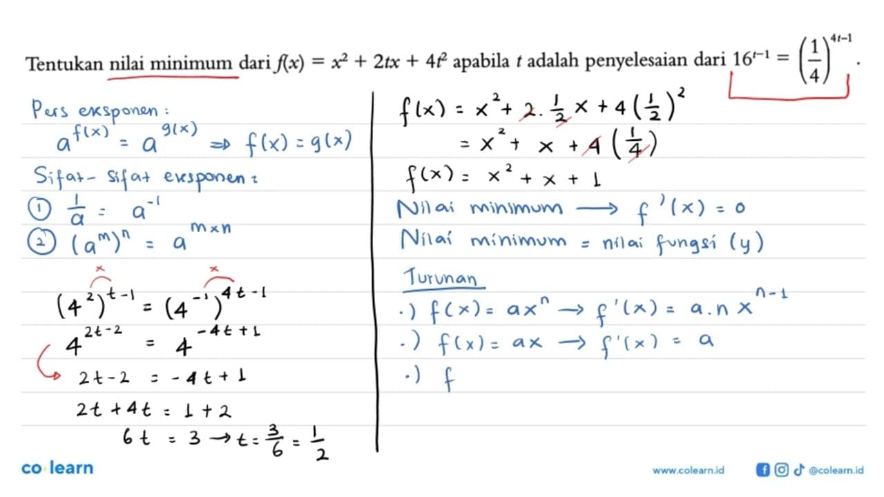 Tentukan nilai minimum dari f(x)=x^2+2tx+4t^2 apabila t