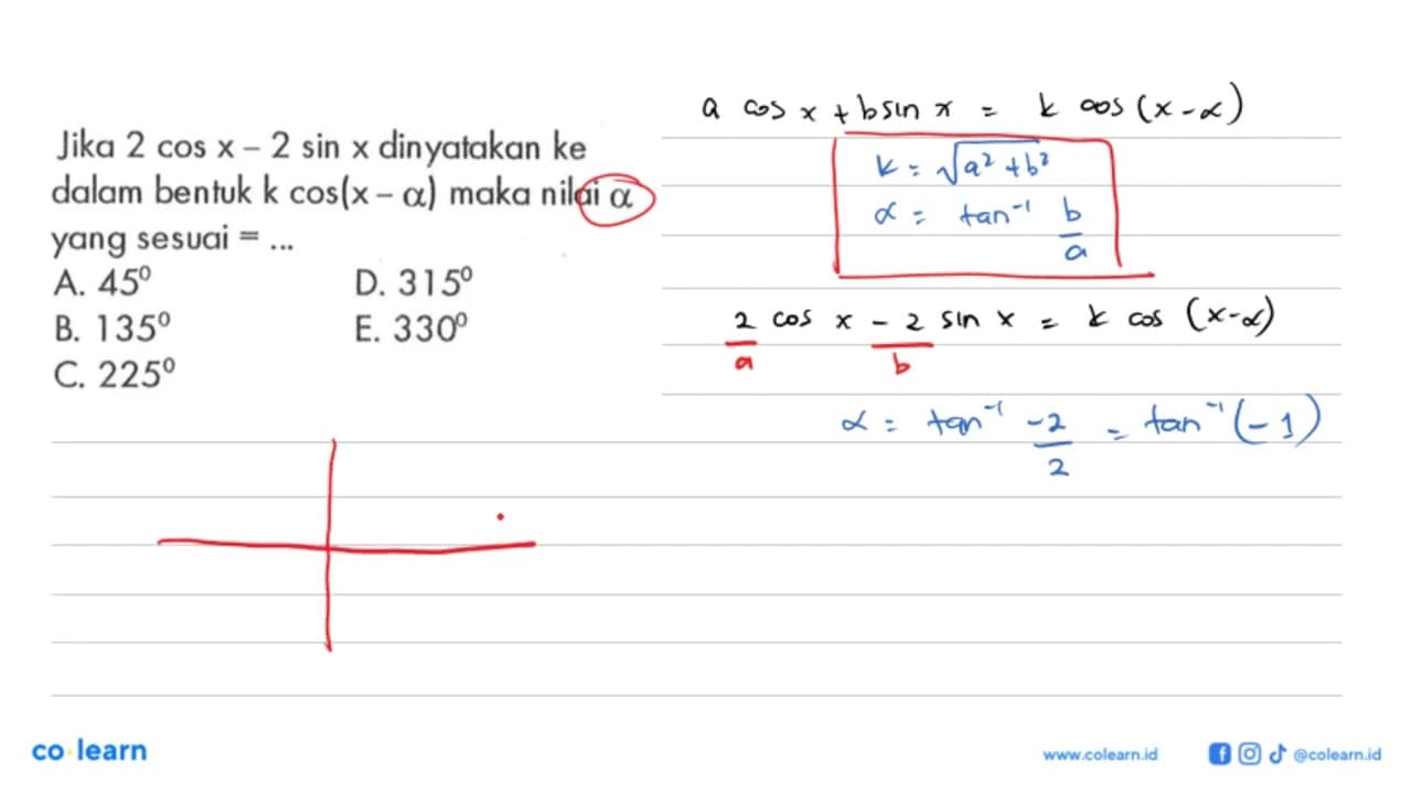 Jika 2 cos x - 2 sin X dinyatakan ke dalam bentuk k cos(x -