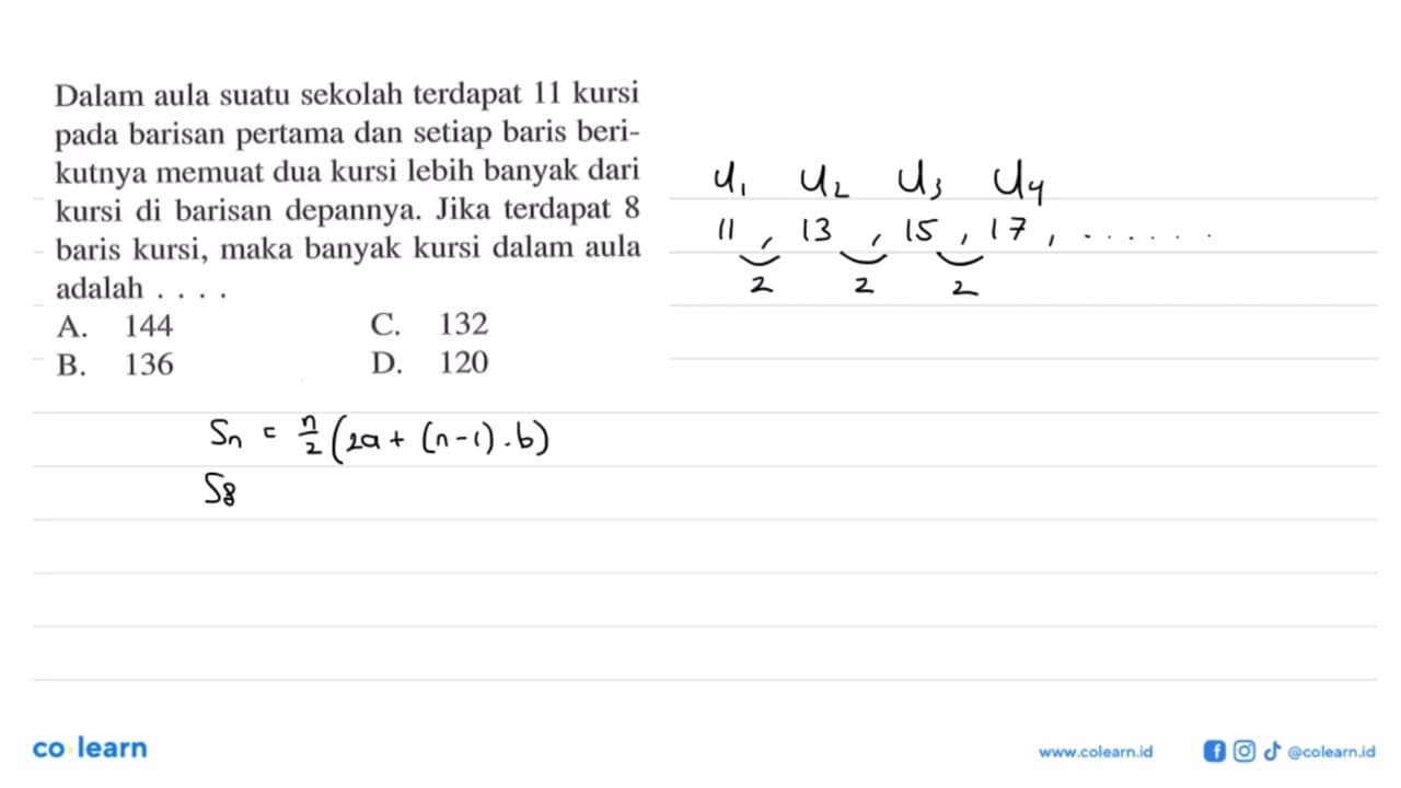 Dalam aula suatu sekolah terdapat 11 kursi pada barisan