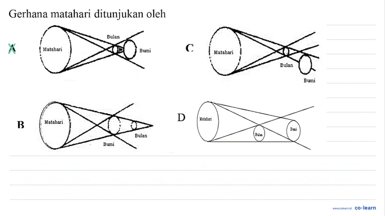 Gerhana matahari ditunjukan oleh A Matahari Bulan Bumi C