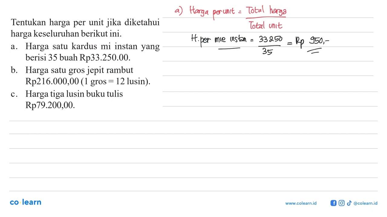 Tentukan harga per unit jika diketahui harga keseluruhan