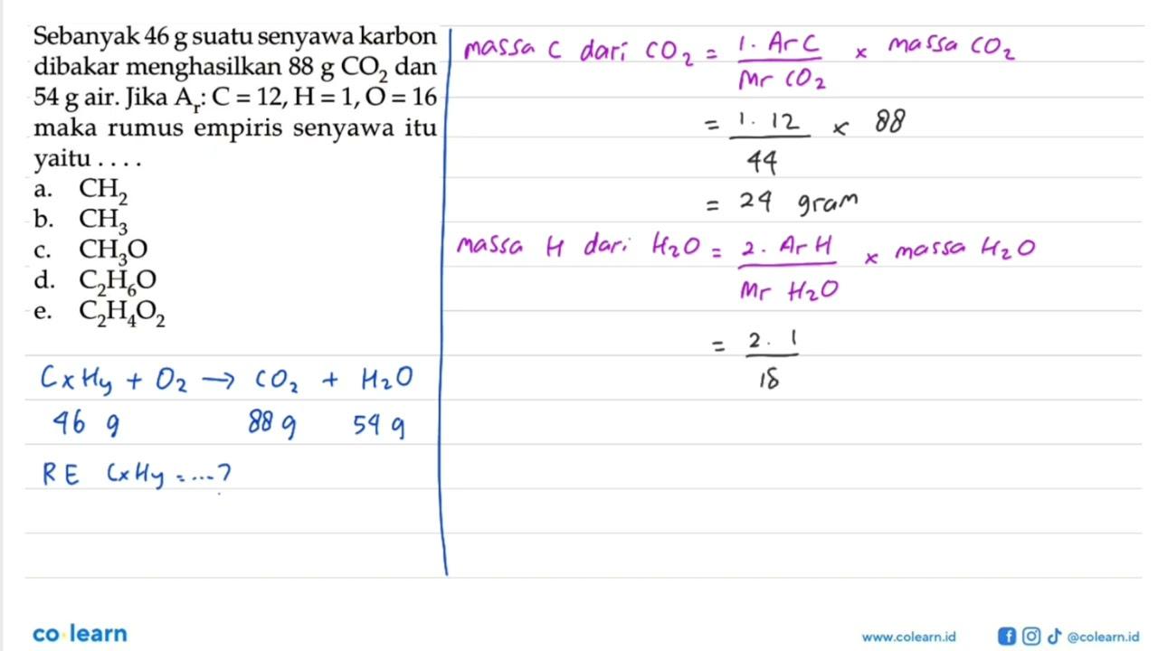Sebanyak 46 g suatu senyawa karbon dibakar menghasilkan 88