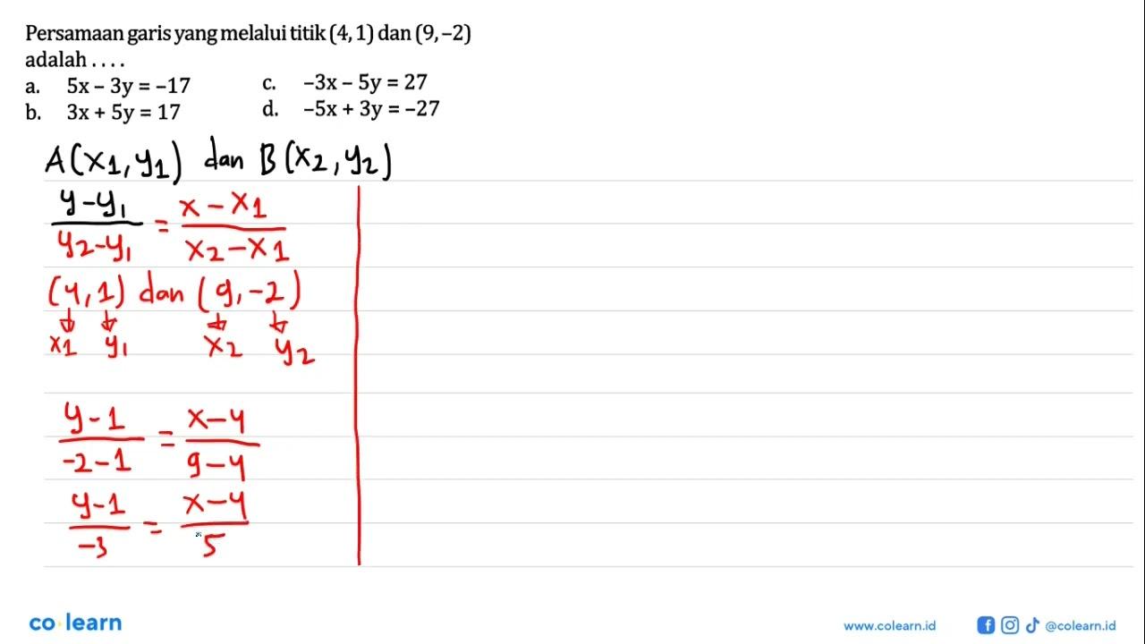 Persamaan garis yang melalui titik (4,1) dan (9,-2) adalah
