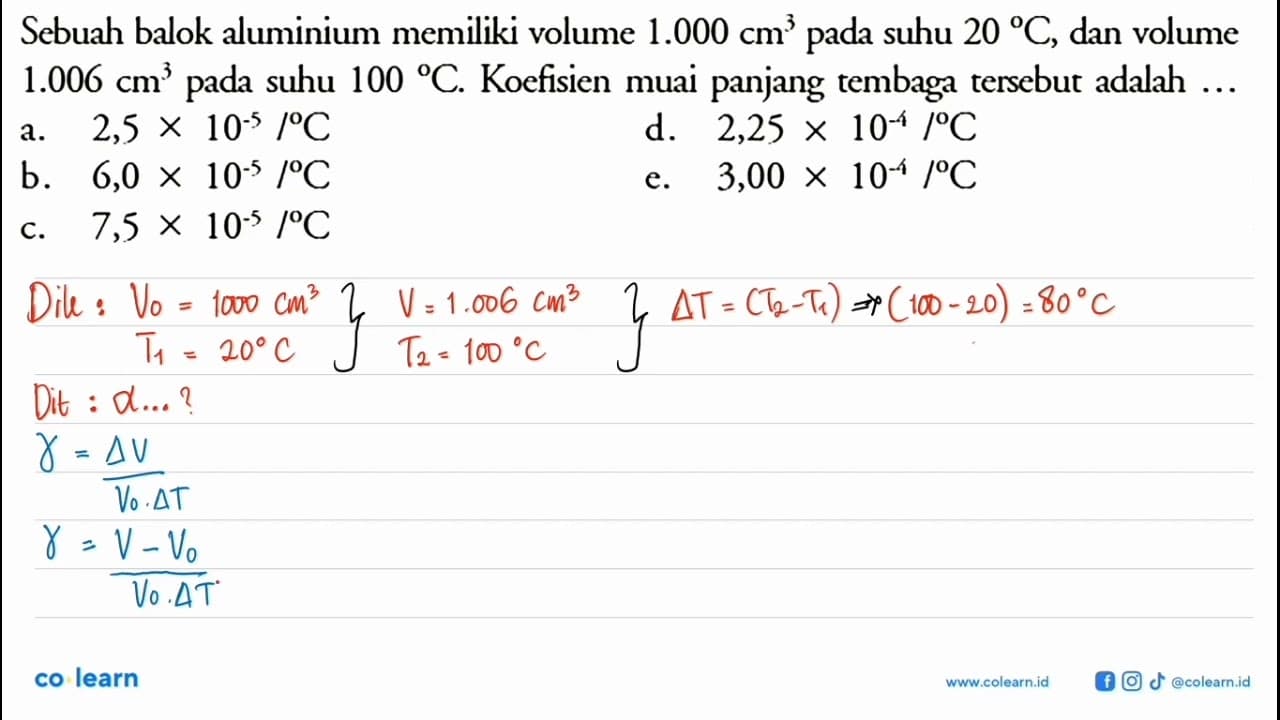 Sebuah balok aluminium memiliki volume 1.000 cm^3 pada suhu