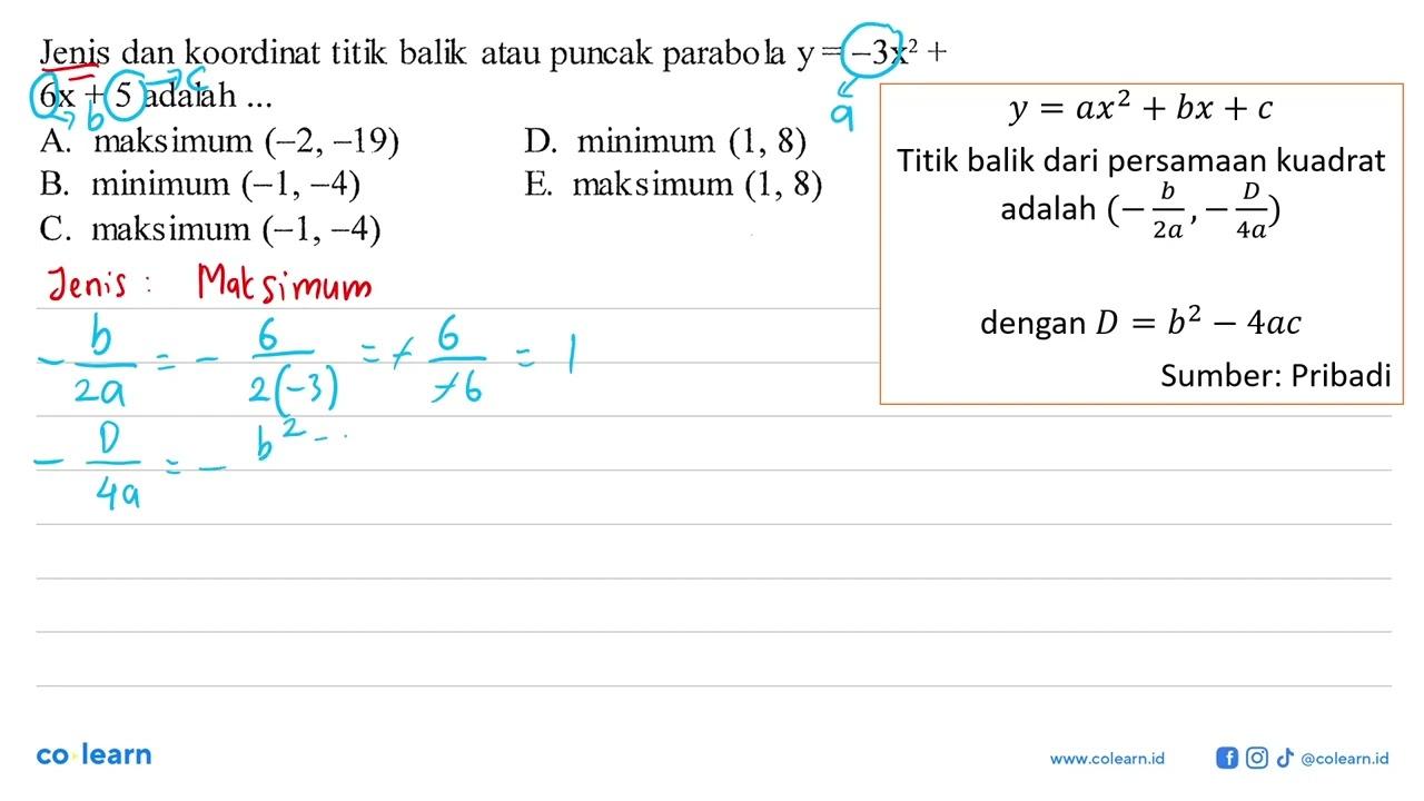 Jenis dan koordinat titik balik atau puncak parabola