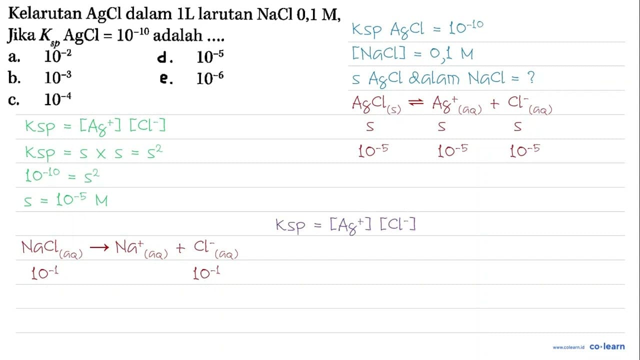 Kelarutan AgCl dalam 1L larutan NaCl 0,1 M, Jika Ksp AgCl =