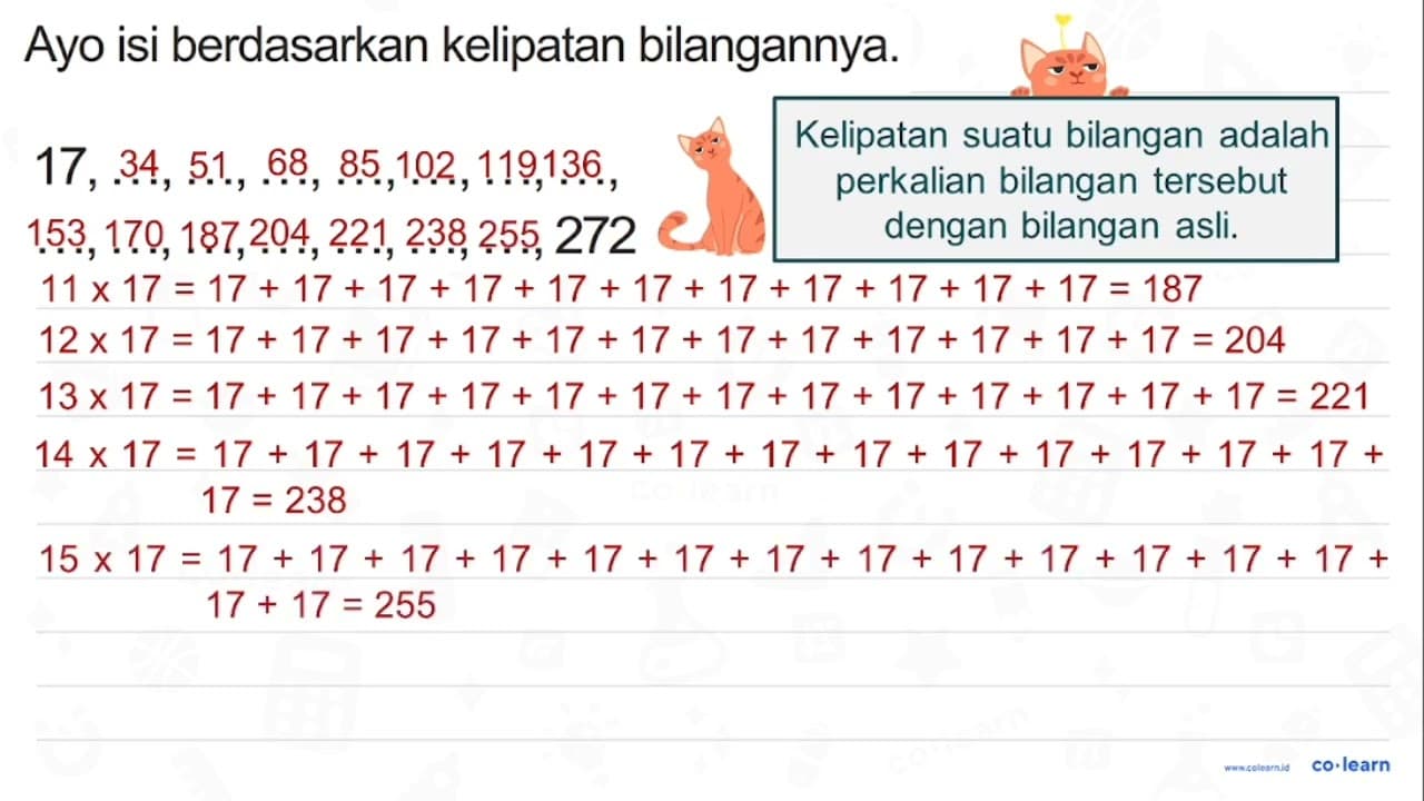 Ayo isi berdasarkan kelipatan bilangannya. 17, ..., ...,