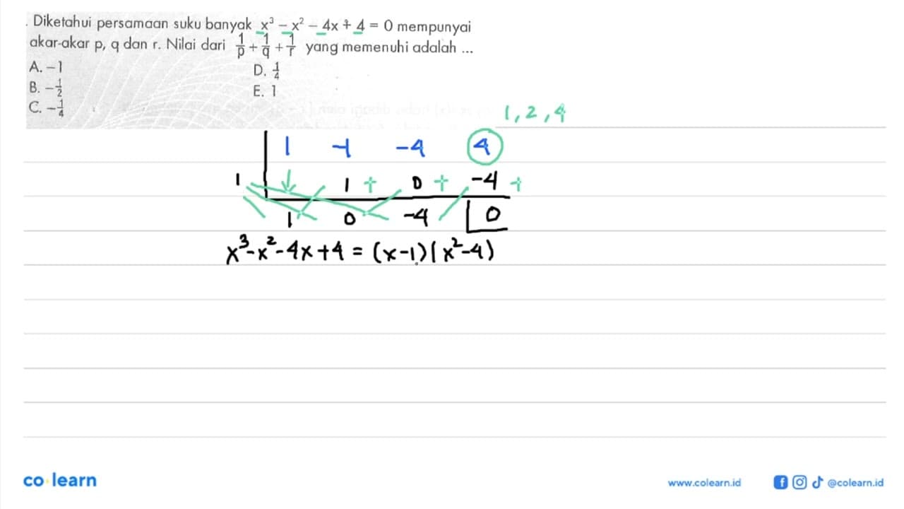 Diketahui persamaan suku banyak x^3 - x^2-4x+4=0 mempunyai