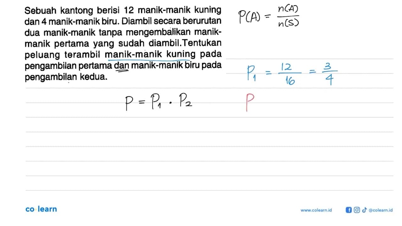 Sebuah kantong berisi 12 manik-manik kuning dan 4