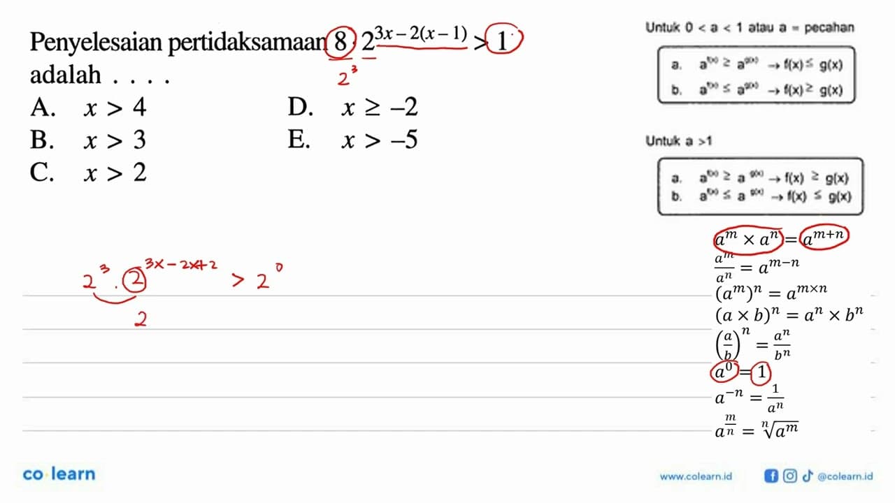 Penyelesaian pertidaksamaan 8.2^(3x-2(x-1))>1 adalah ...