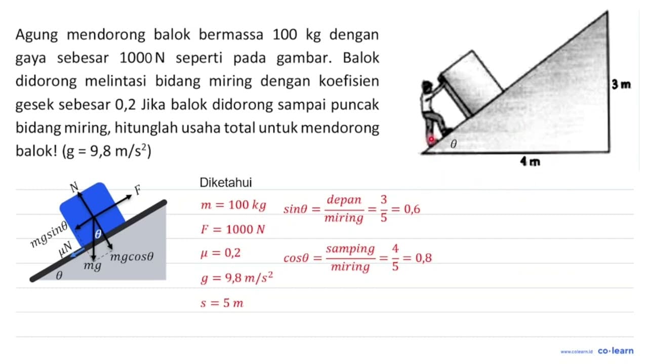 Agung mendorong balok bermassa 100 kg dengan gaya sebesar