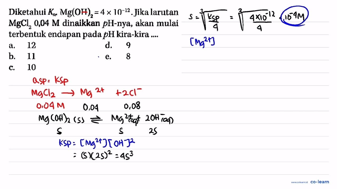 Diketahui Ksp Mg(OH)2 = 4 x 10^(-12). Jika larutan MgCl2