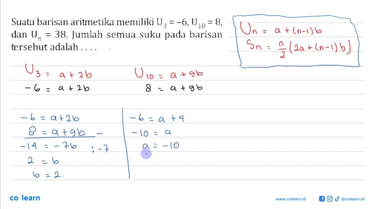 Suatu barisan aritmetika memiliki U3=-6, U10=8, dan Un=38.