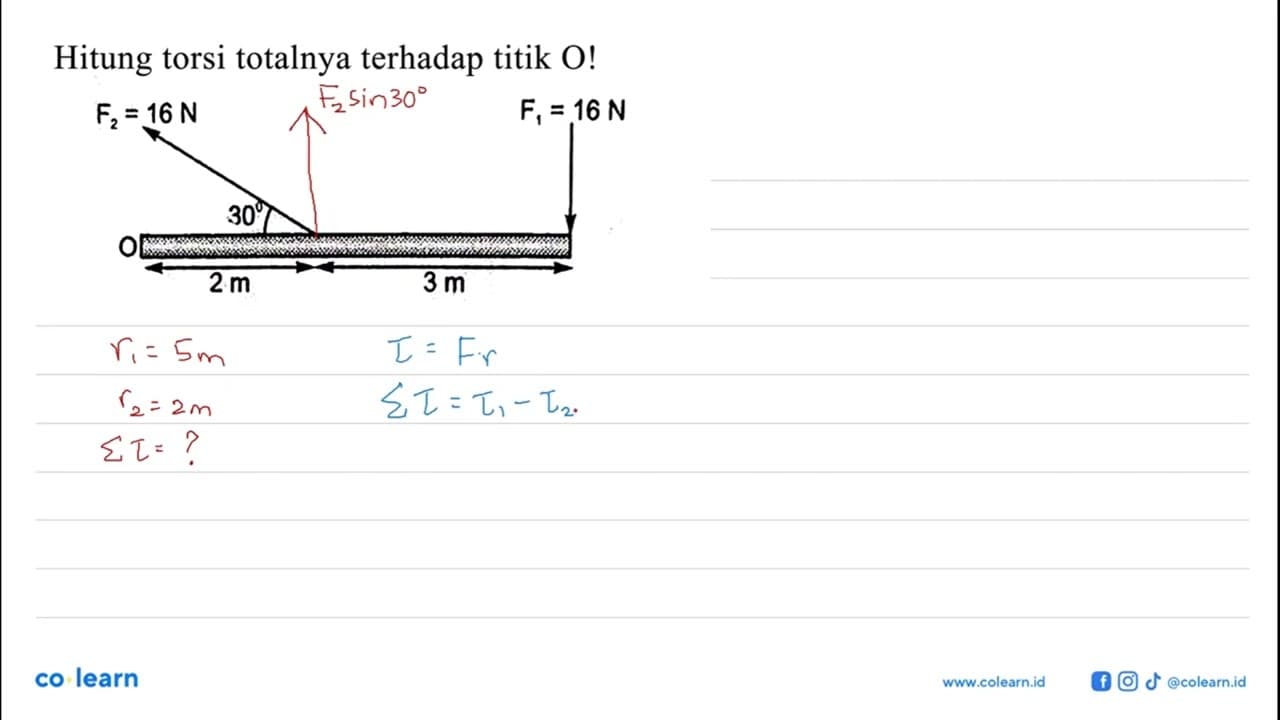 Hitung torsi totalnya terhadap titik O! F2 = 16 N F1 = 16 N