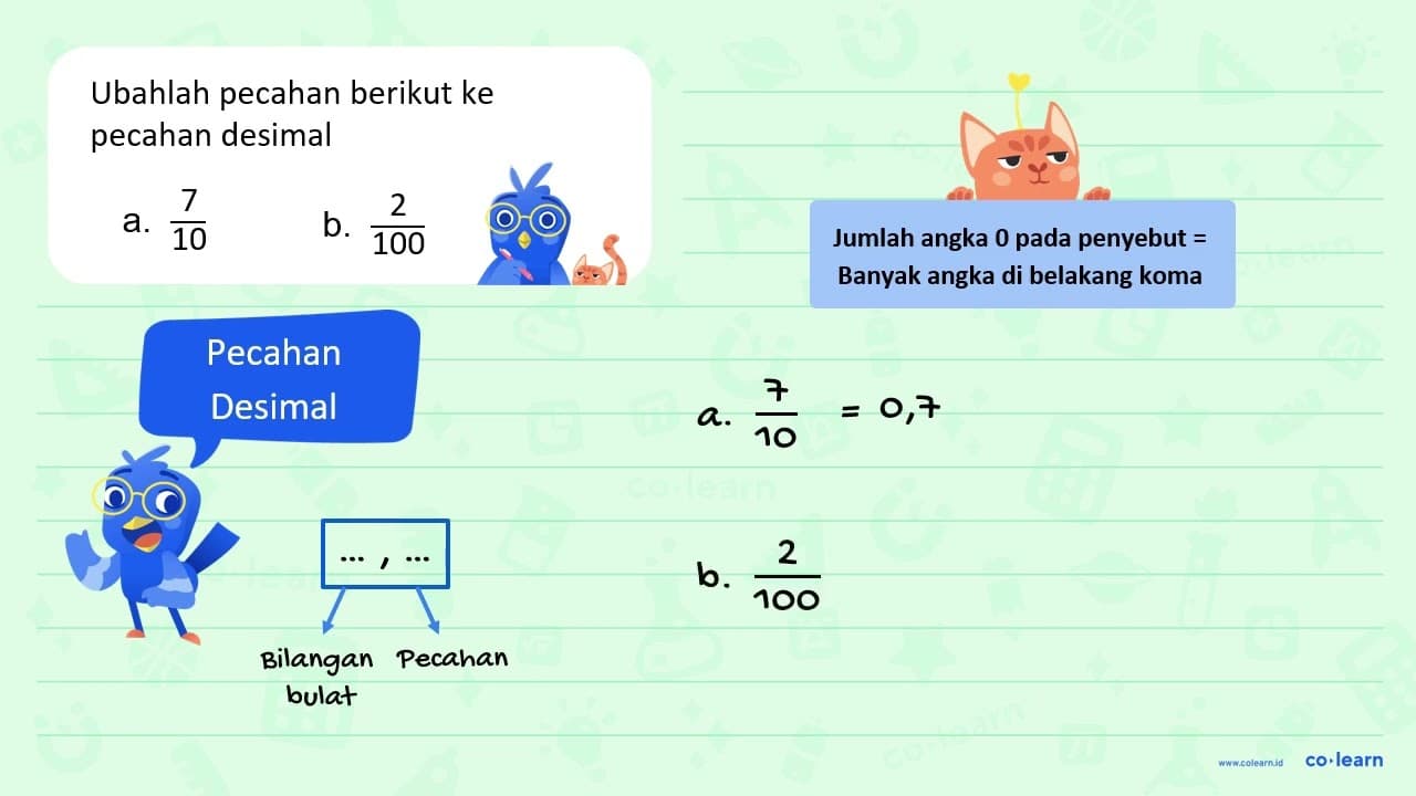 Ubahlah pecahan berikut ke pecahan desimal. a. 7/10 b.