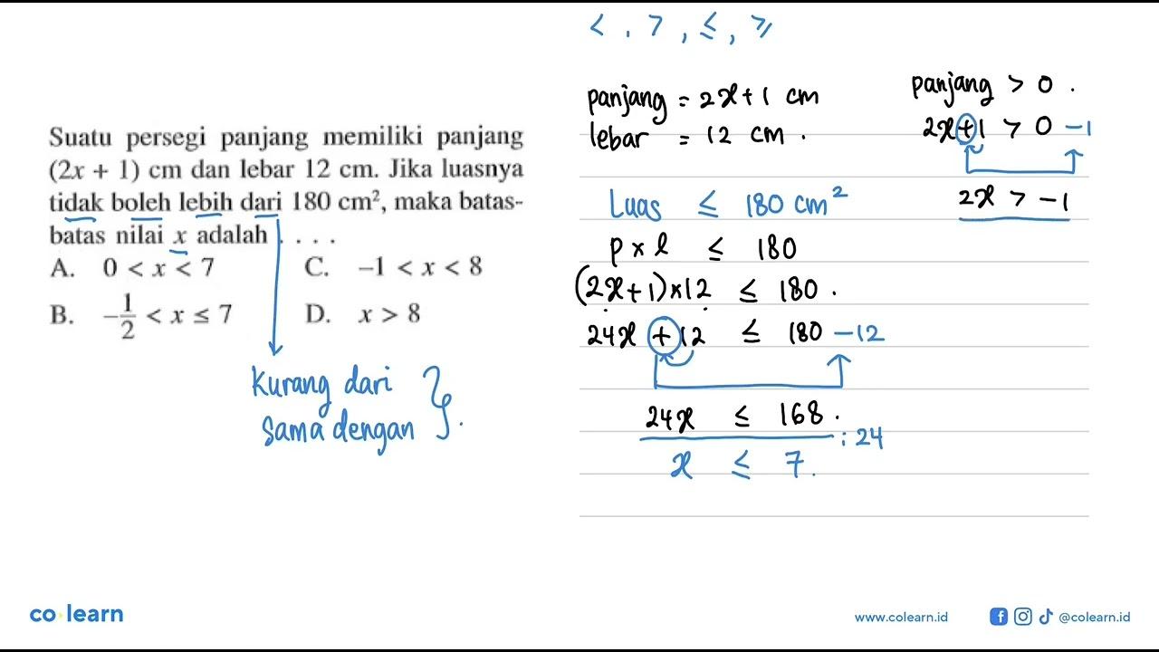 Suatu persegi panjang (2x + 1) cm dan lebar 12 cm. Jika