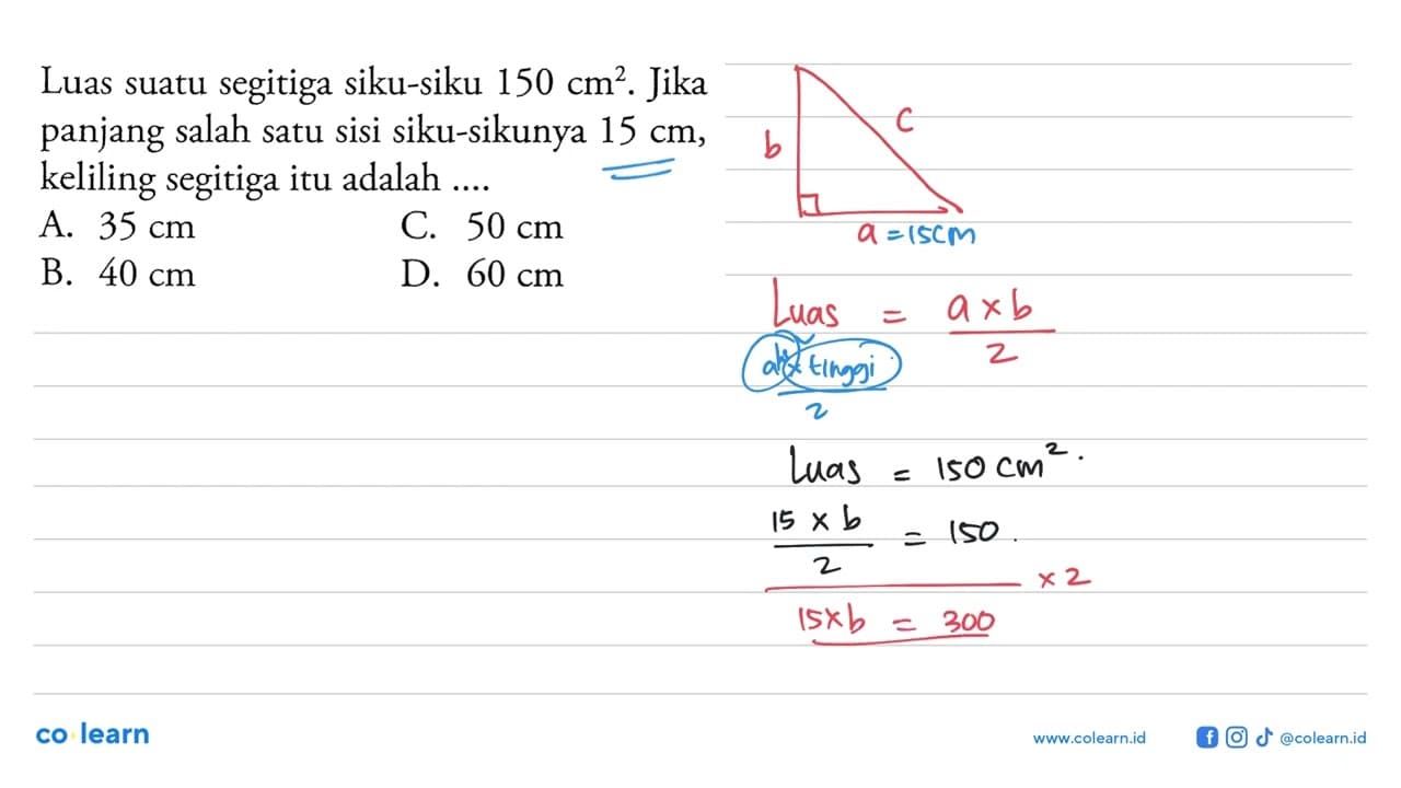 Luas suatu segitiga siku-siku 150 cm^2. Jika panjang salah