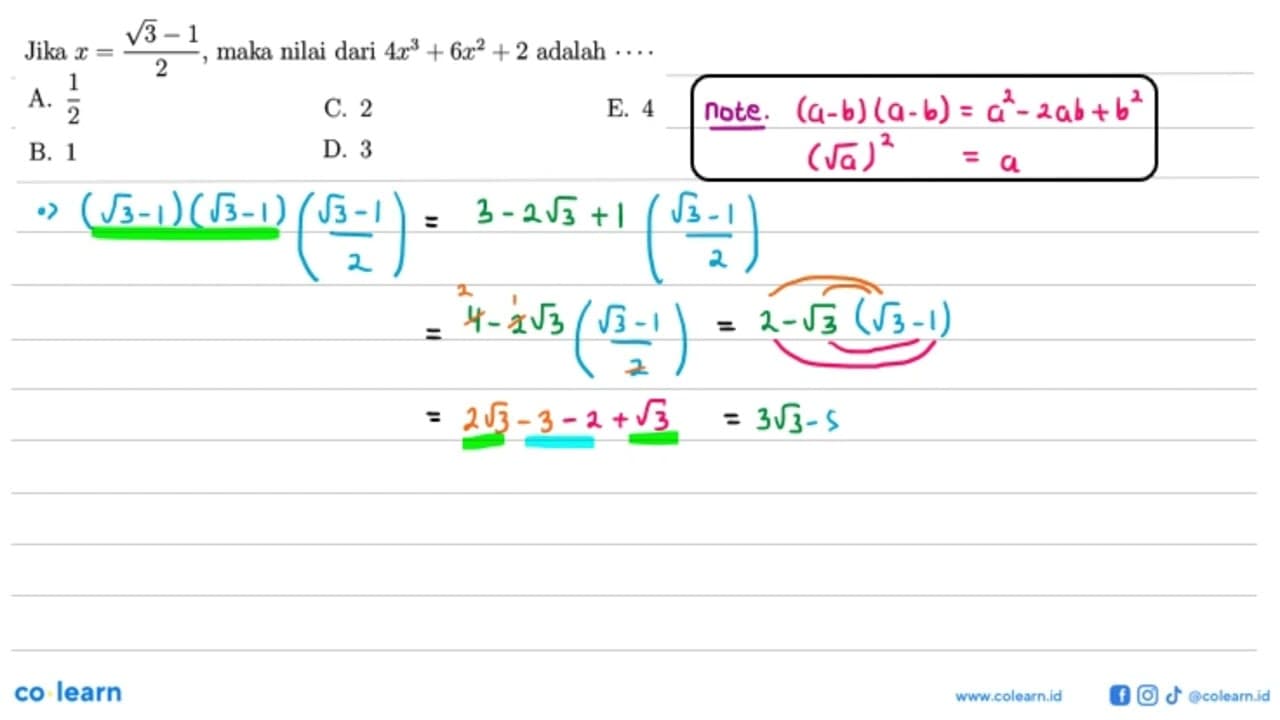 Jika x=(akar(3)-1)/2, maka nilai dari 4x^3+6x^2+2 adalah