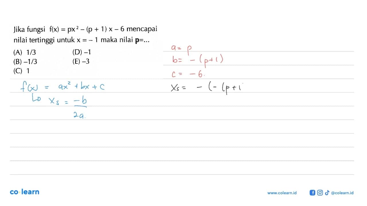 Jika fungsi f(x)=px^2-(p+1)x-6 mencapai nilai tertinggi