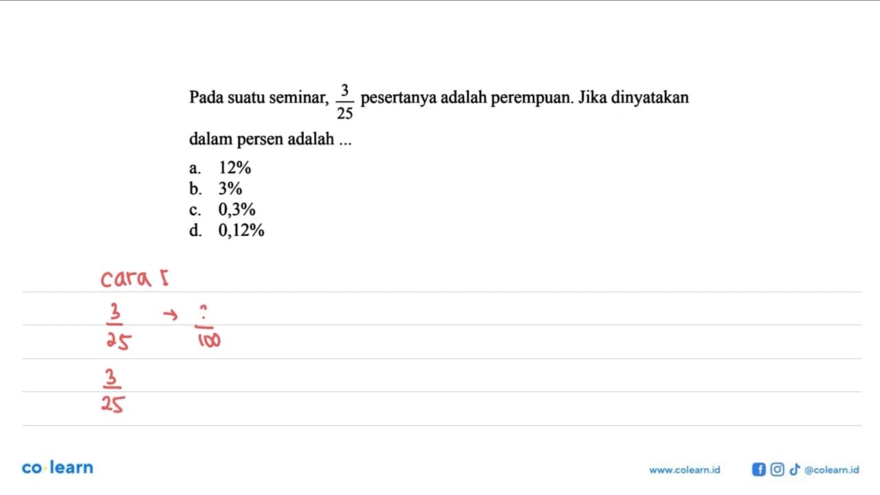 Pada suatu seminar, 3/25 pesertanya adalah perempuan. Jika