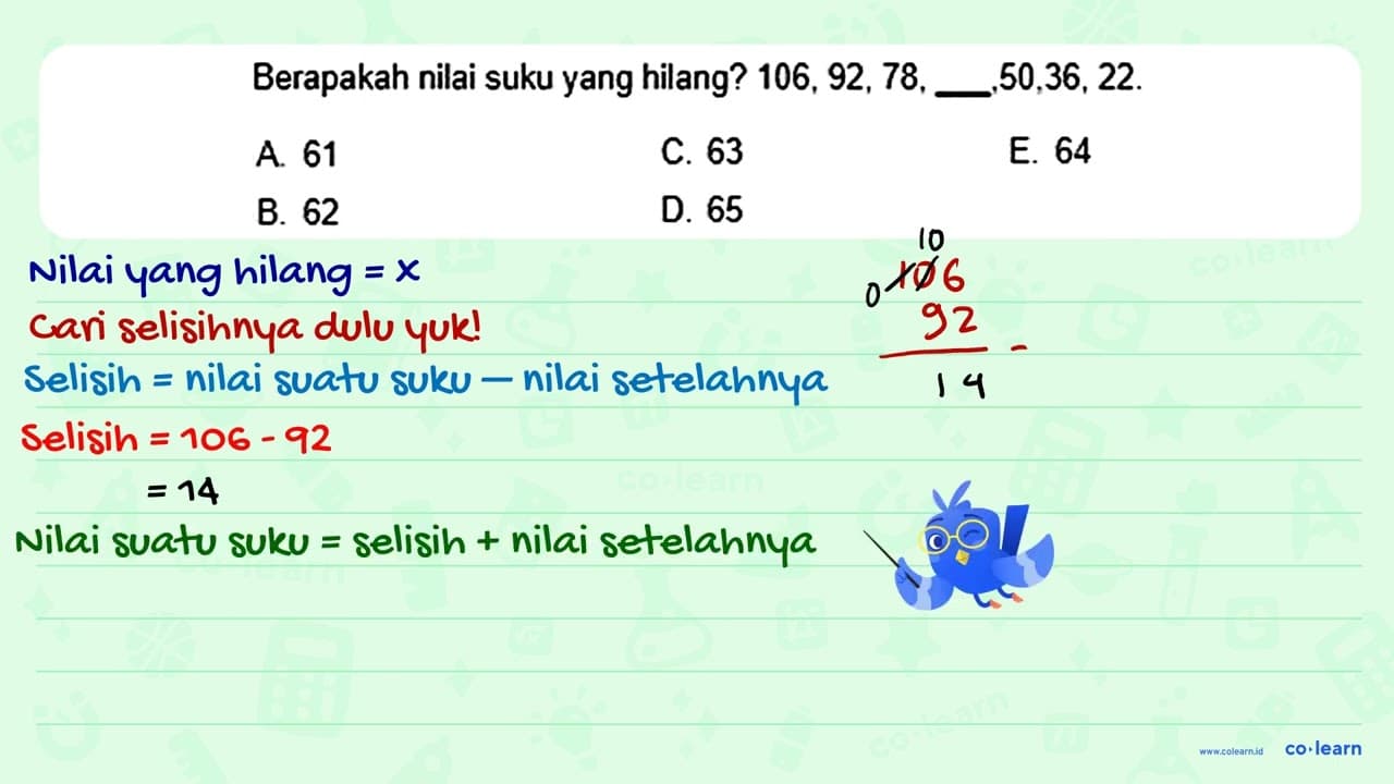 Berapakah nilai suku yang hilang? 106, 92, 78, __ ,50,36,22