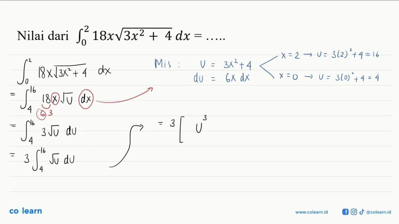 Nilai dari integral 0 2 18x akar(3x^2+4) dx=... ...