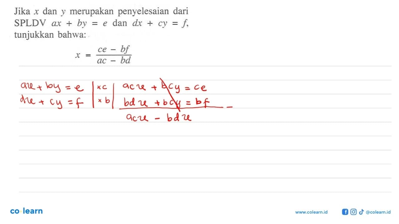 Jika x dan y merupakan penyelesaian dari SPLDV ax+by=e dan