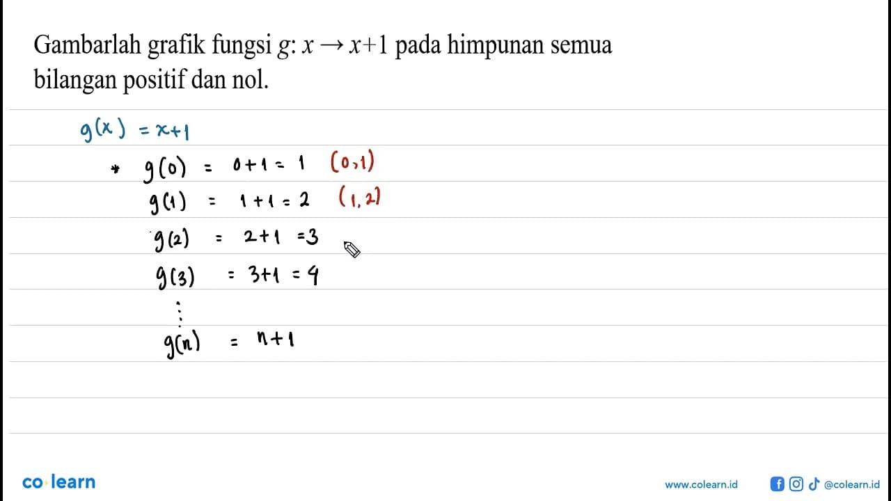 Gambarlah grafik fungsi g: x -> x + 1 pada himpunan semua