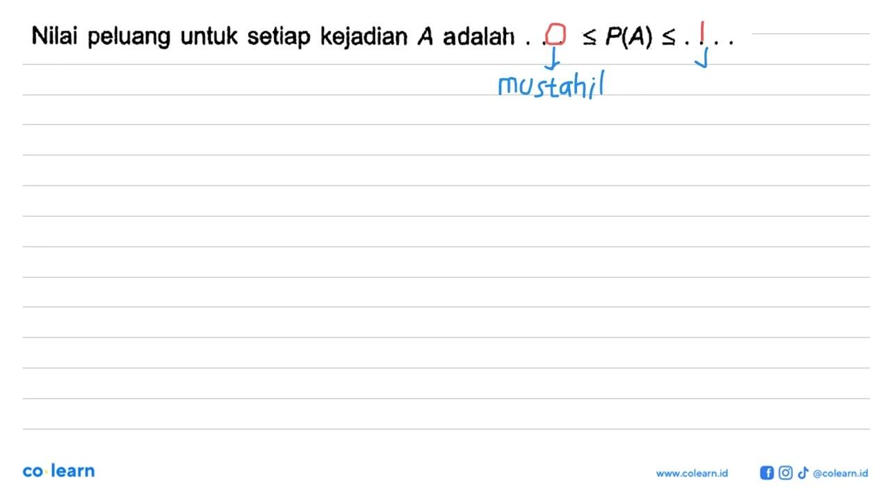 Nilai peluang untuk setiap kejadian A adalah ... <=P(A)<=