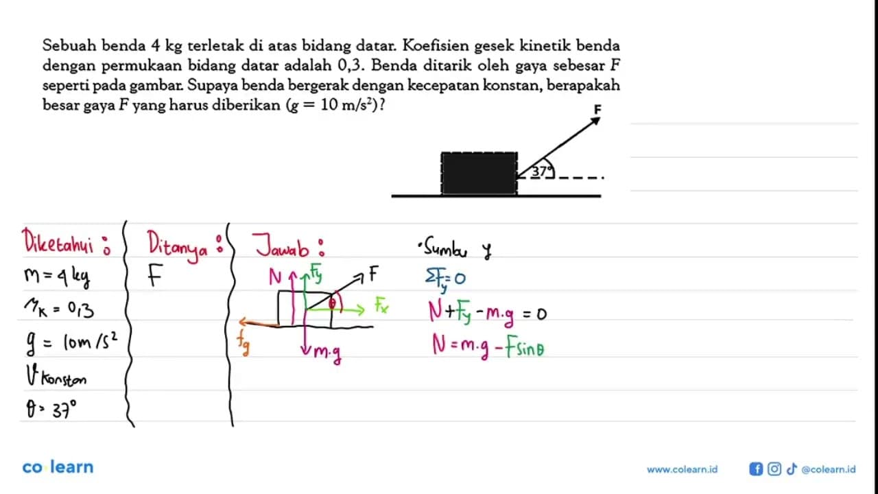 Sebuah benda 4 kg terletak di atas bidang datar. Koefisien