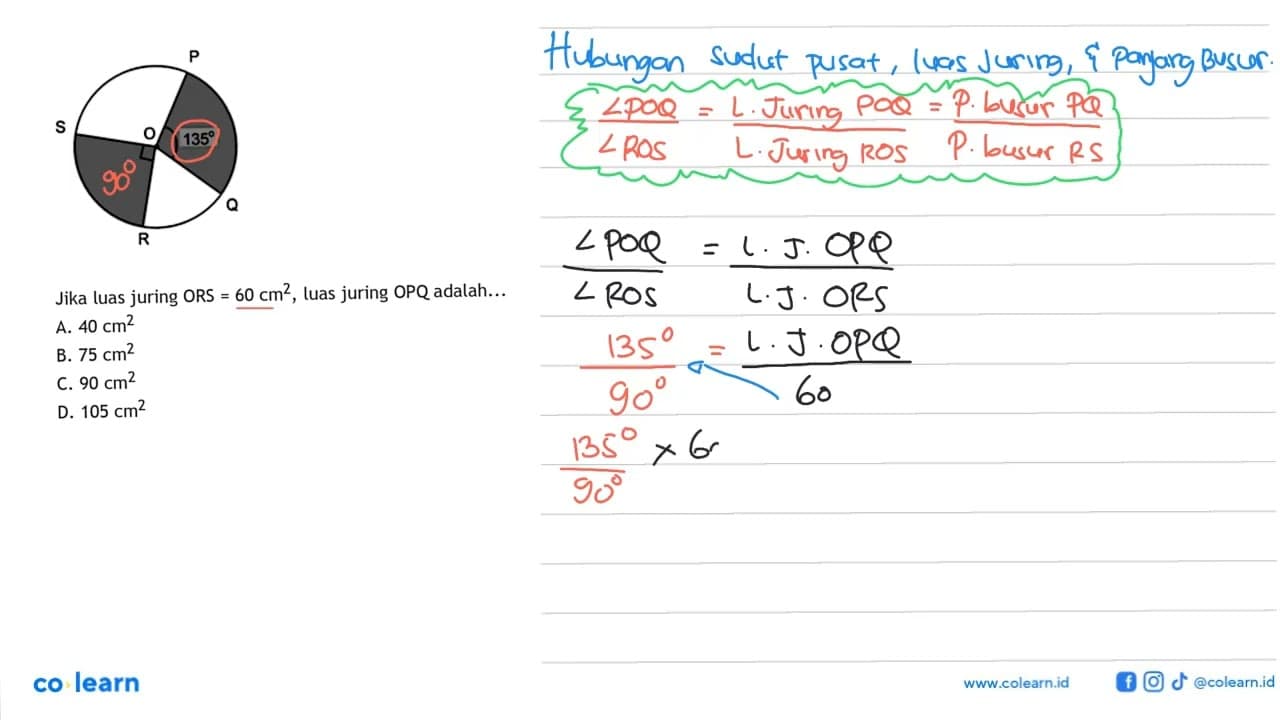 Jika luas juring ORS=60 cm^2, luas juring OPQ adalah...