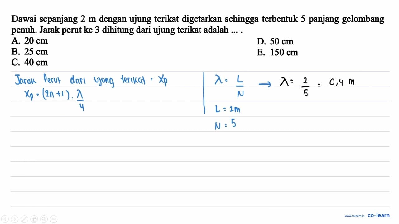 Dawai sepanjang 2 m dengan ujung terikat digetarkan