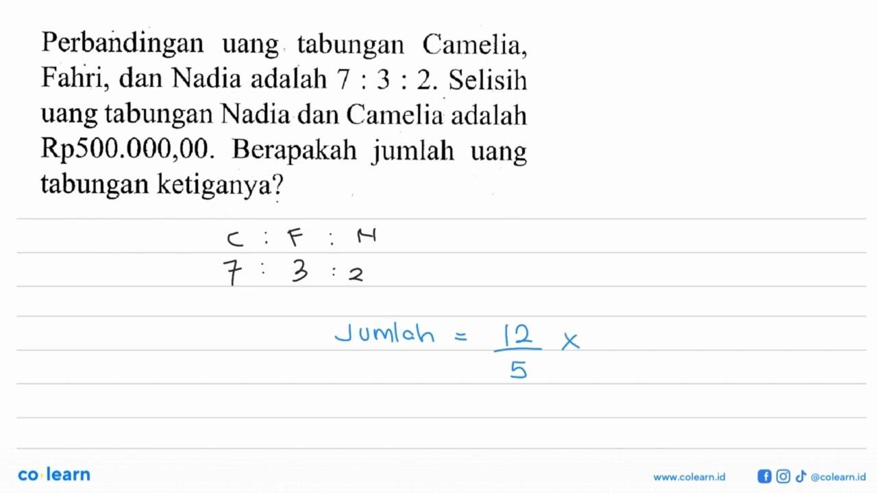 Perbandingan uang tabungan Camelia, Fahri, dan Nadia adalah