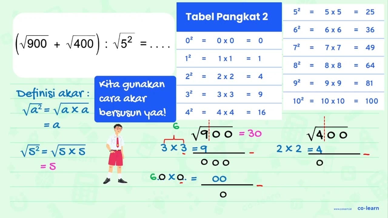 (akar(900) + akar(400)) : akar(5^2) = ...