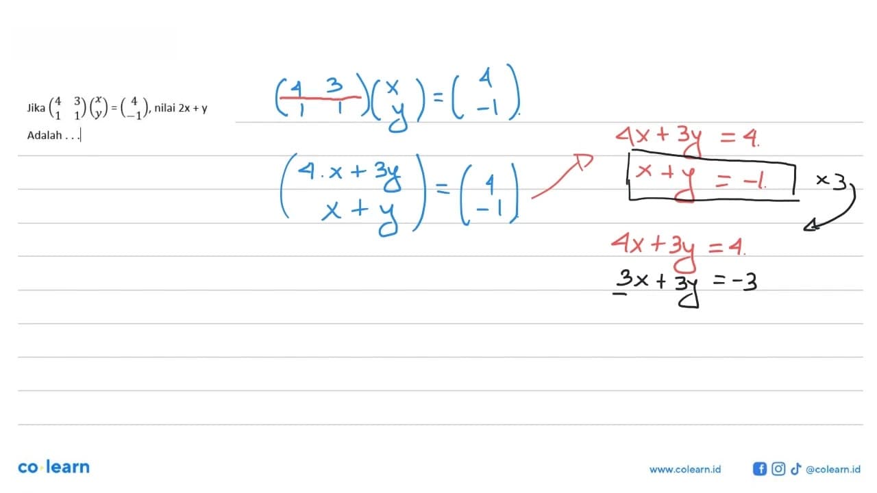 Jika (4 3 1 1)(x y) = (4 -1), nilai 2x+y adalah....