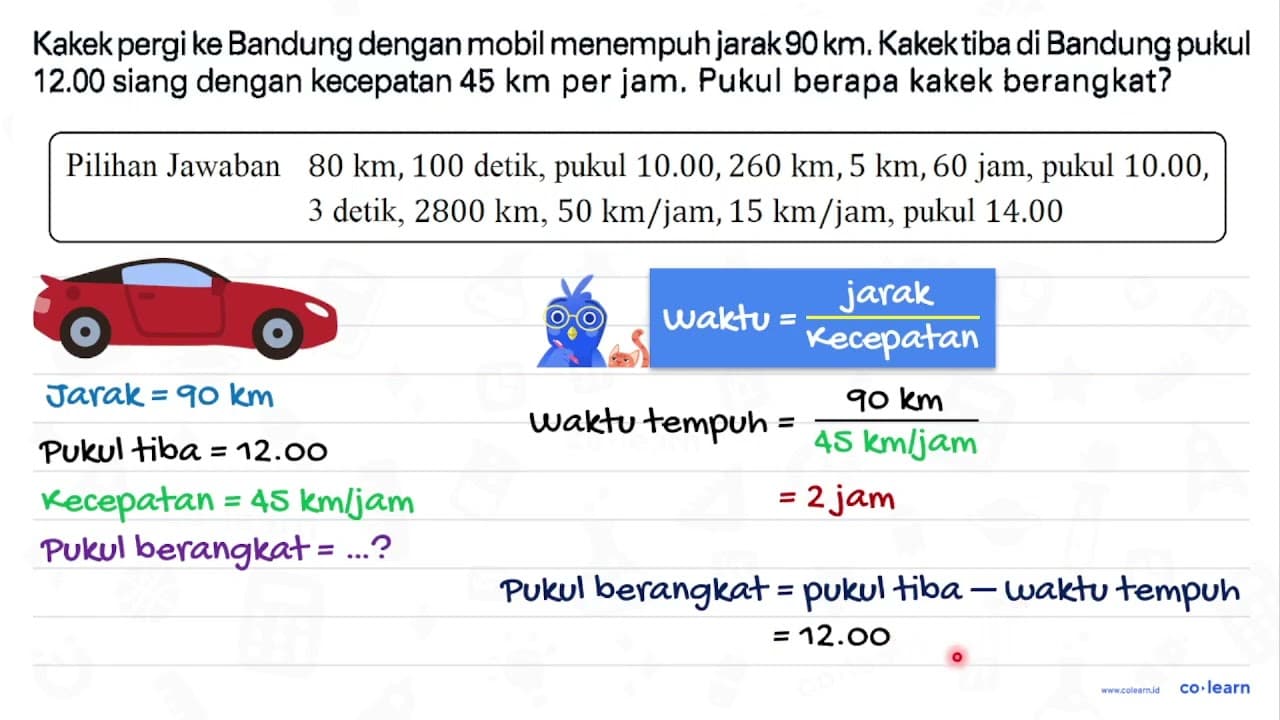 Kakek pergi ke Bandung dengan mobil menempuh jarak 90 km .