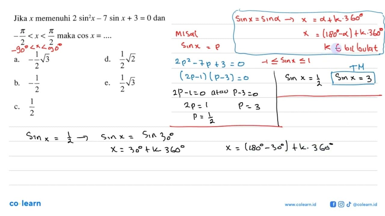 Jika x memenuhi 2 sin^2x - 7 sin x + 3 = 0 dan -pi/2 < x <