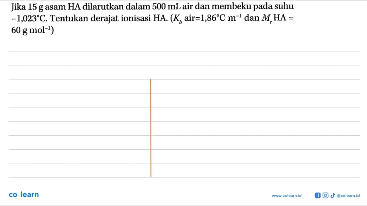 Jika 15 g asam HA dilarutkan dalam 500 mL air dan membeku