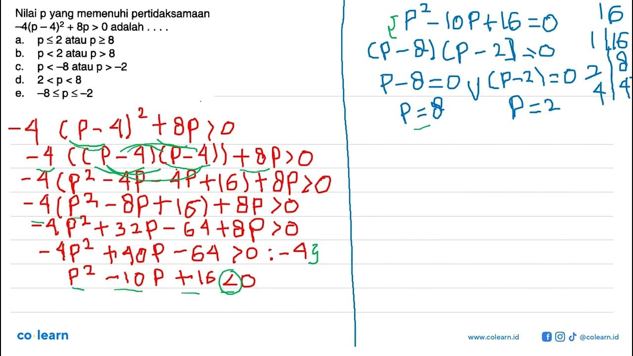 Nilai p yang memenuhi pertidaksamaan -4(p-4)^2 + 8p > 0